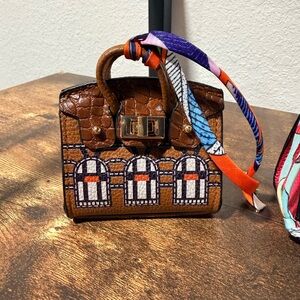 Brown Croc-Embossed Handbag with Scarf Accent - Brown